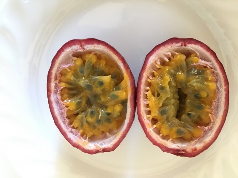Passion fruit cut in half
